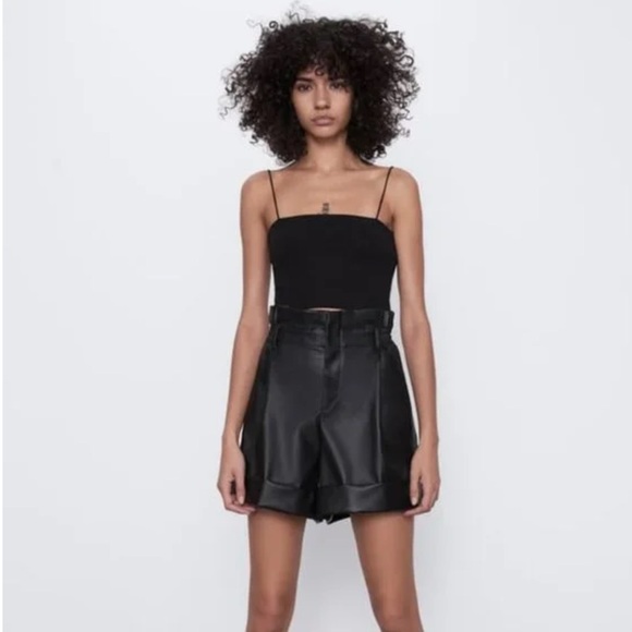 Zara Black Waxed Effect Shorts - Size Large - NWT - Picture 2 of 11